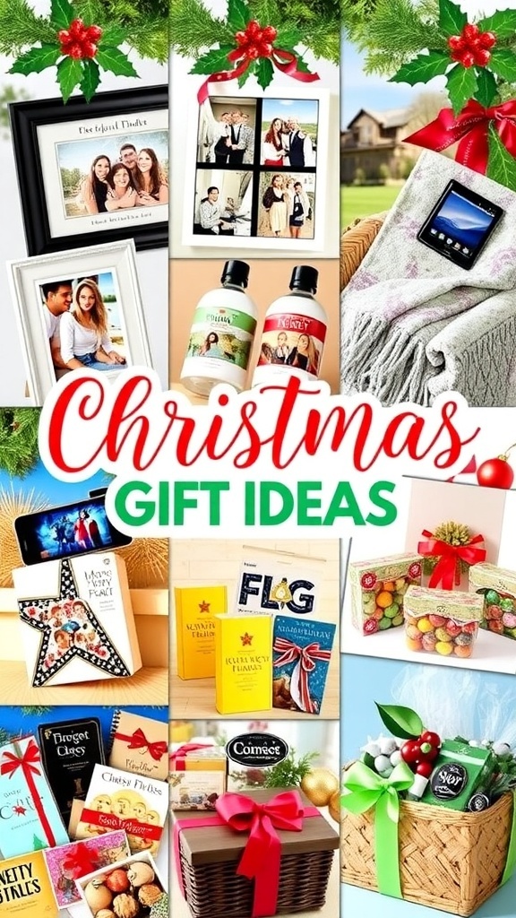 A colorful collage of unique Christmas gift ideas including tech gadgets, cozy items, and personalized gifts.